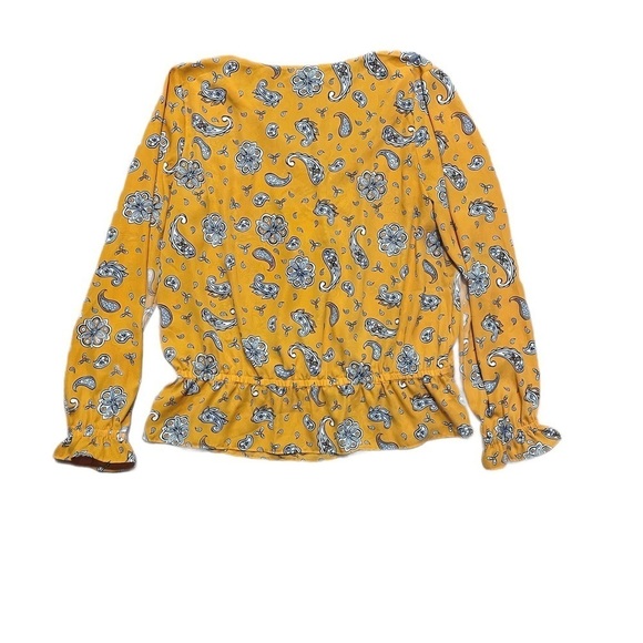 Loft women’s mustard yellow long sleeve paisley blouse vneck top - Picture 3 of 8